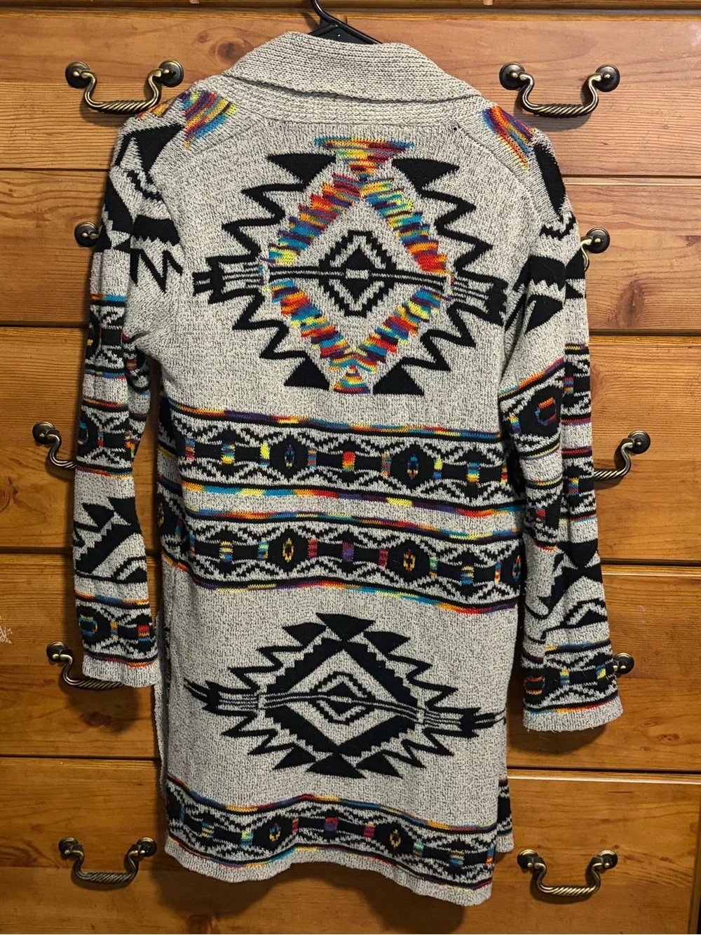 Shawl-Collar Aztec Open-Front Cardigan Sweater - Gray Multi